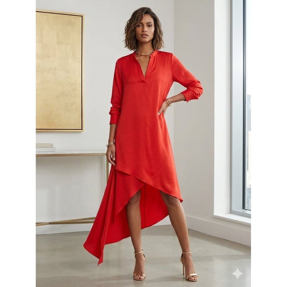BCBGMAXAZRIA Red High-Low Asymmetric V-Neck Long Sleeve Dress Large